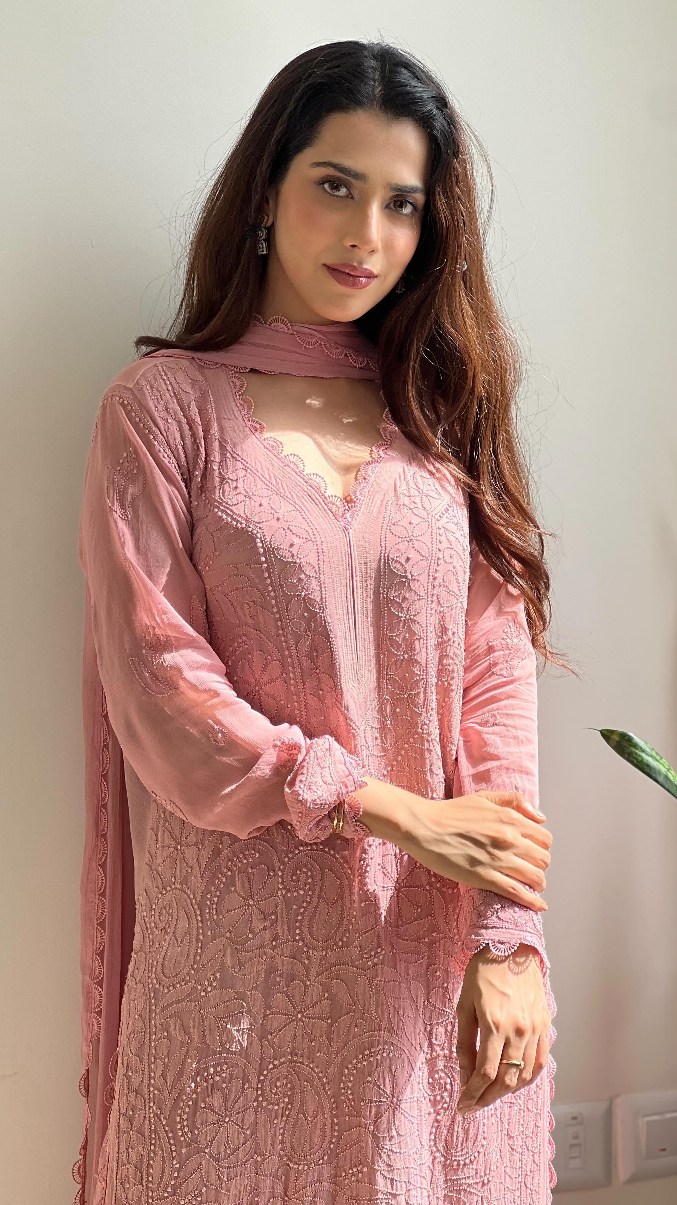BEAUTIFUL PINK COLORED EMBROIDERY WORKED KURTA SET WITH