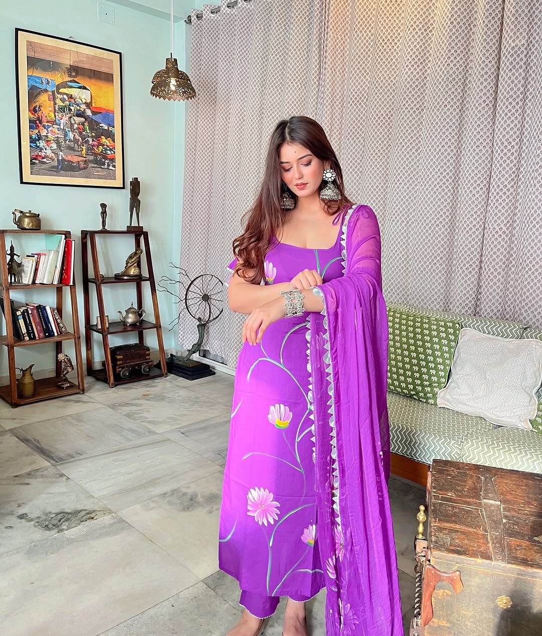 Lavender floral printed suit set with dupatta