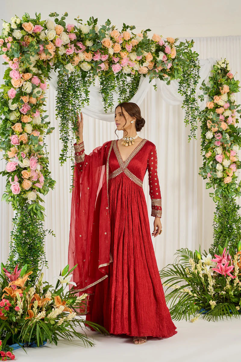 Red Hand Embroidered Anarkali suit set