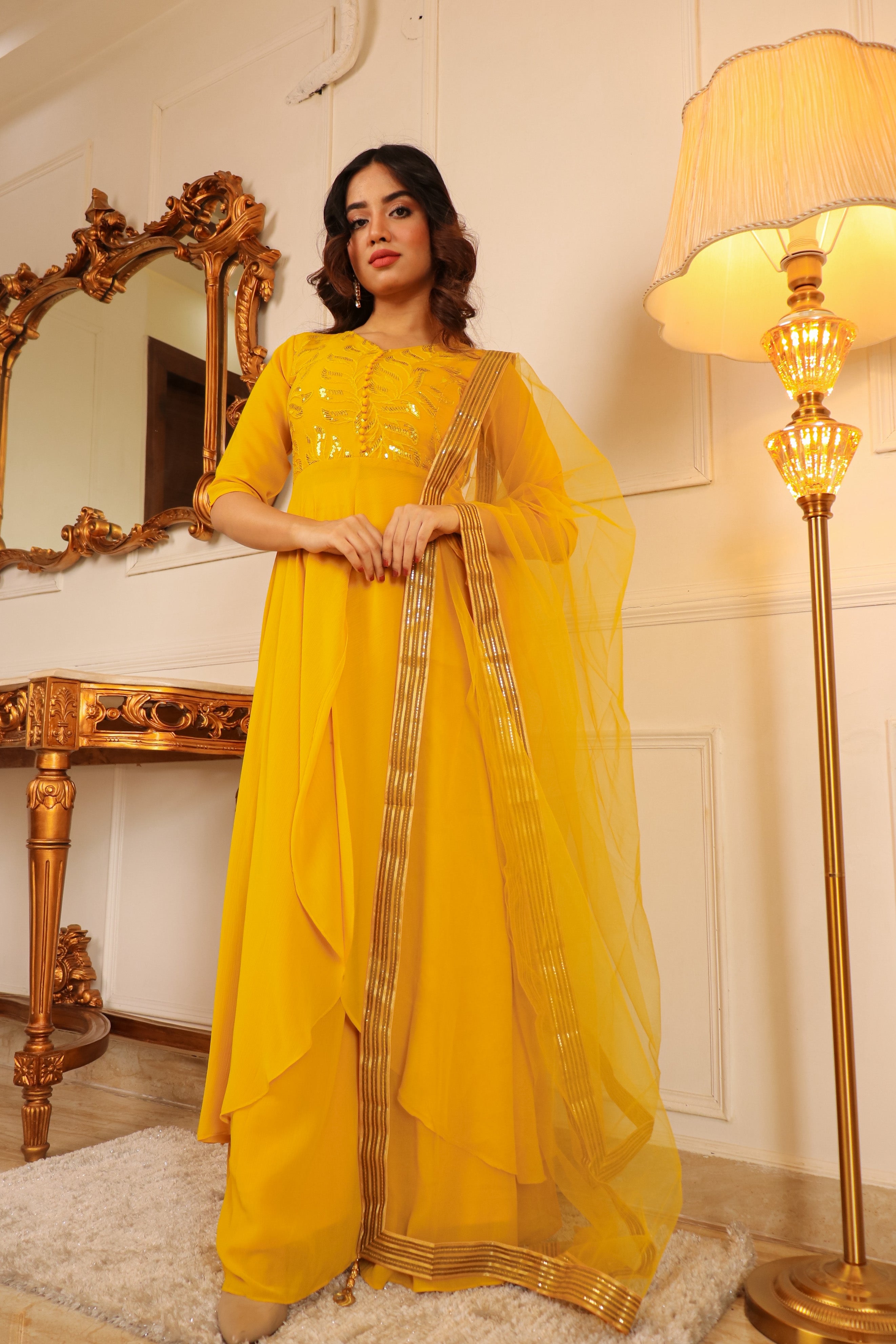WOMEN YELLOW EMBROIDERED SEQUINNED SILK CHIFFON KURTI WITH TROUSERS