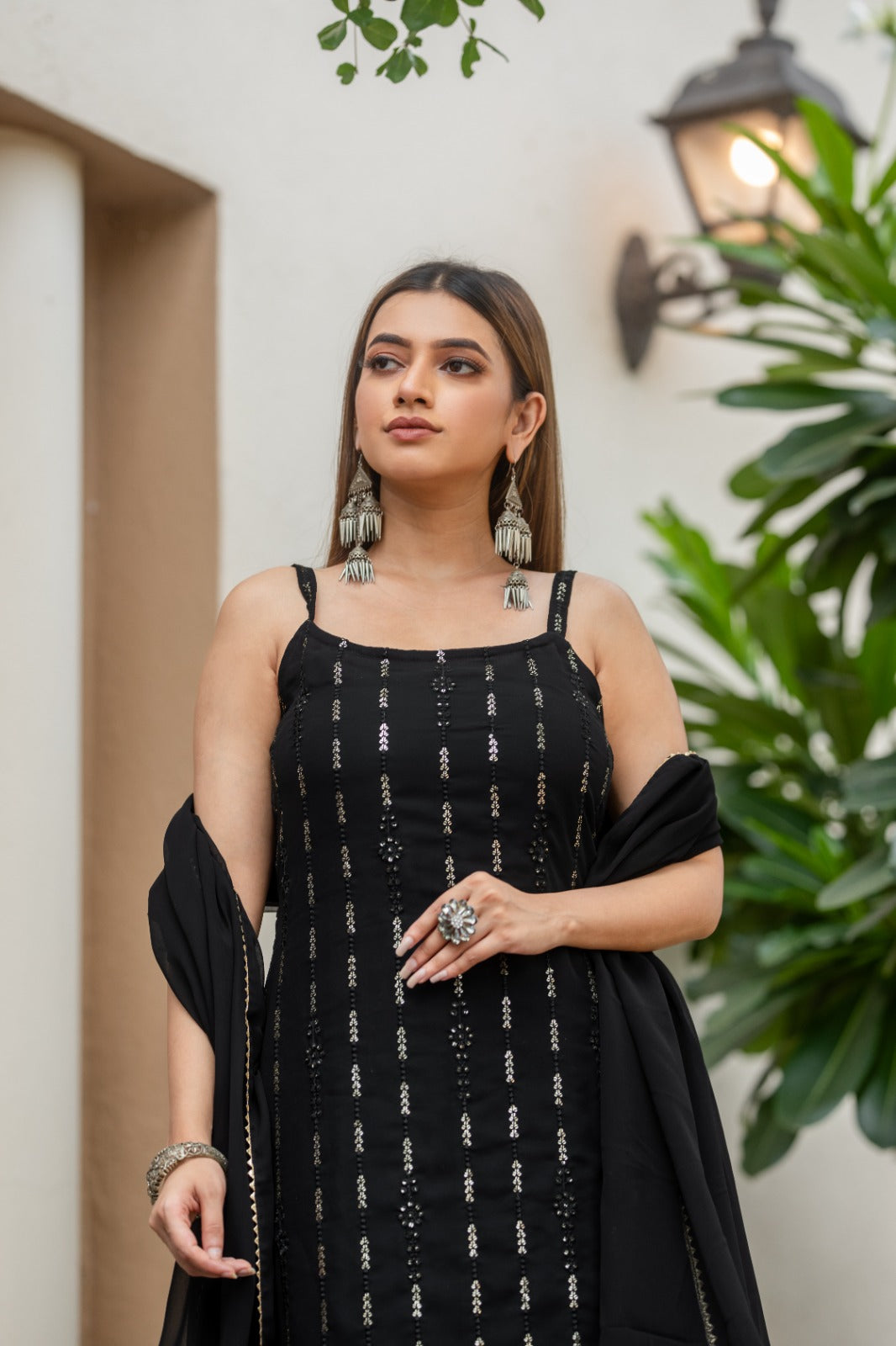 Black Gold Embroidered Sequined Kurta With Palazzos & Dupatta Set