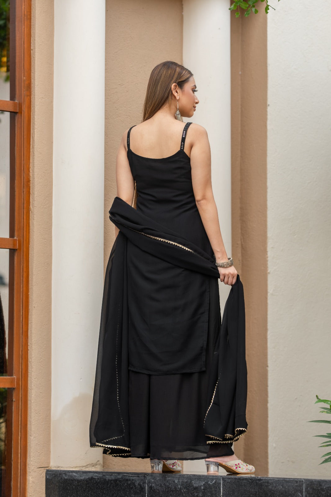 Black Gold Embroidered Sequined Kurta With Palazzos & Dupatta Set