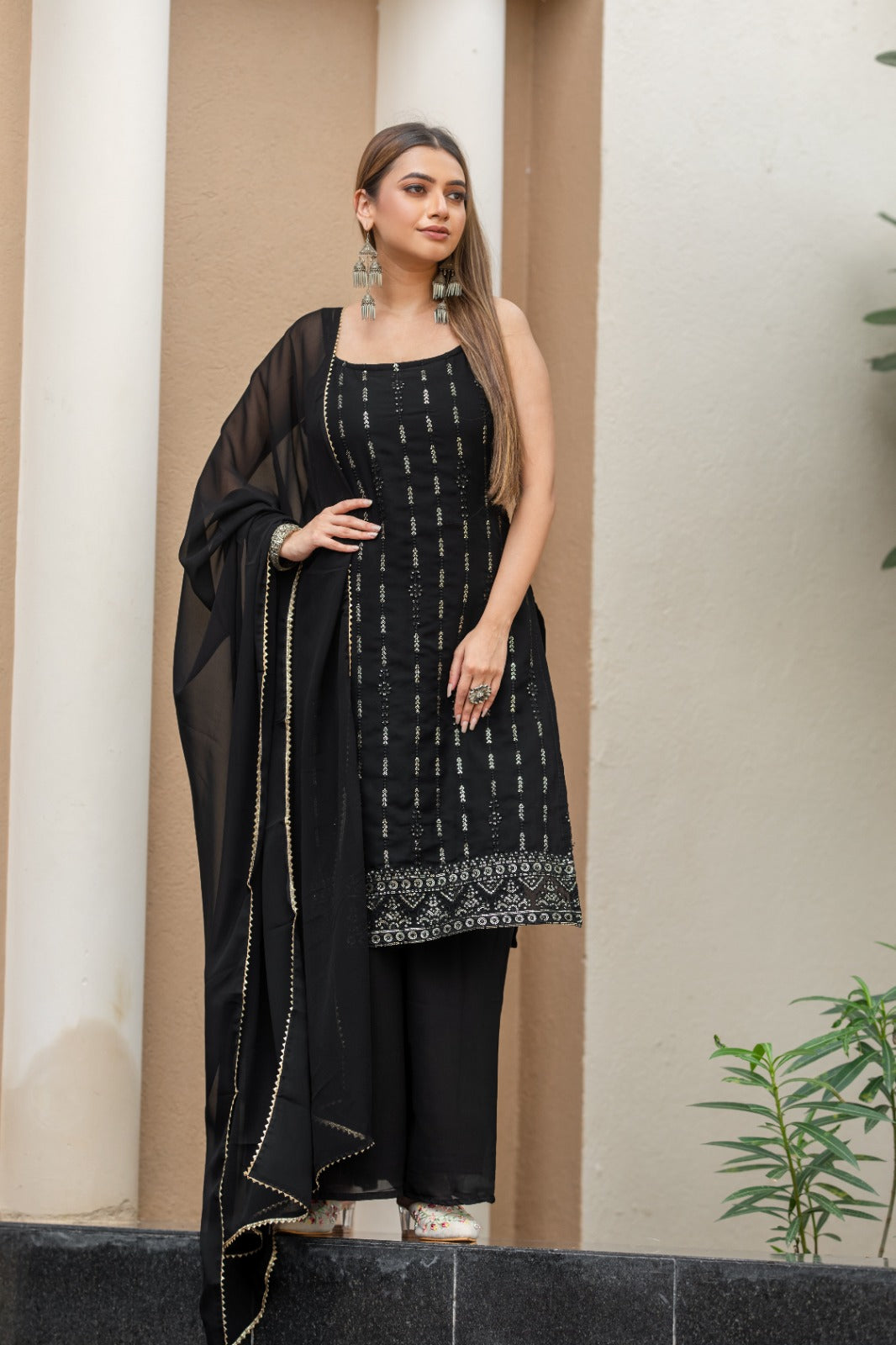 Black Gold Embroidered Sequined Kurta With Palazzos & Dupatta Set