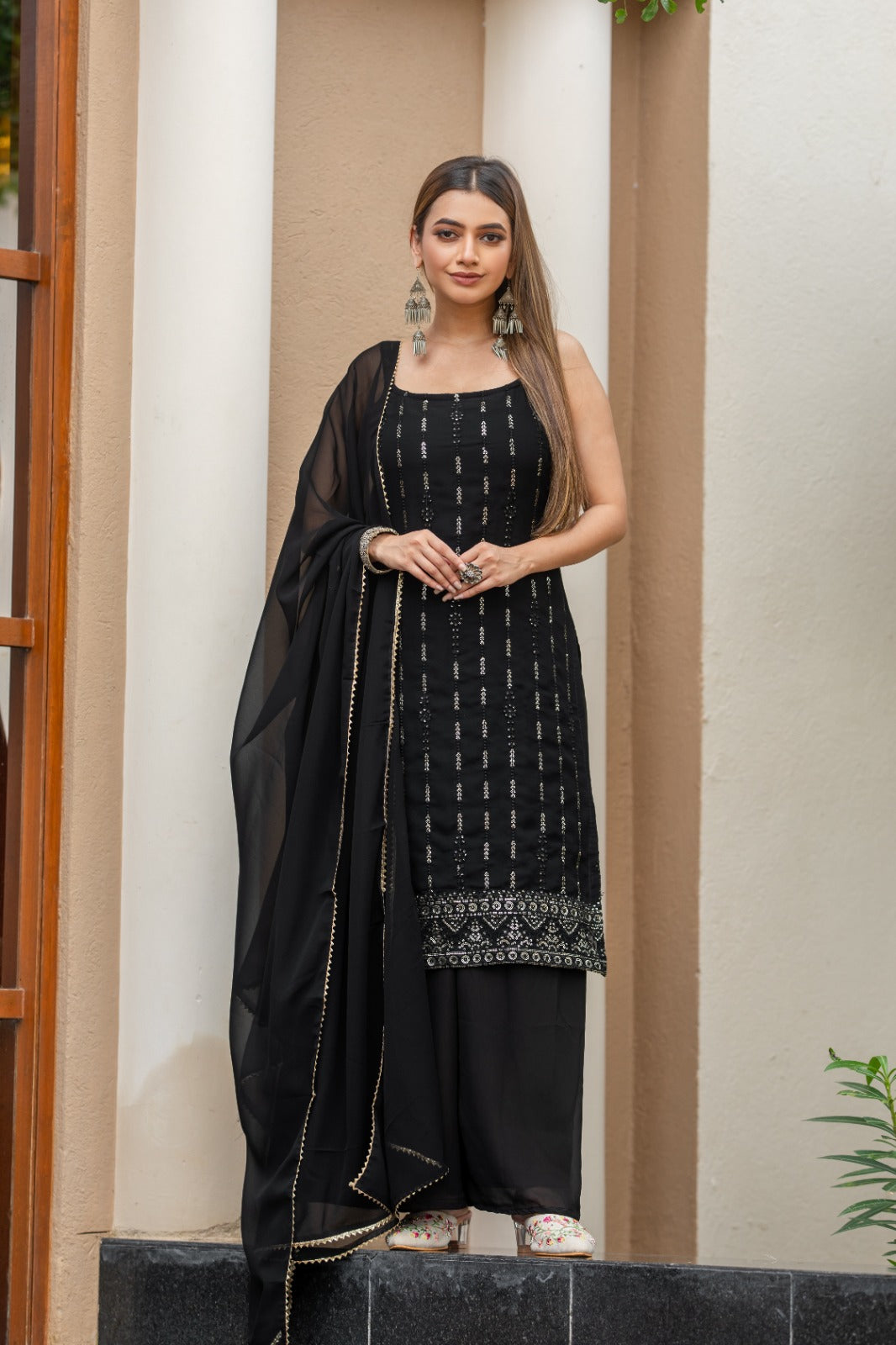 Black Gold Embroidered Sequined Kurta With Palazzos & Dupatta Set