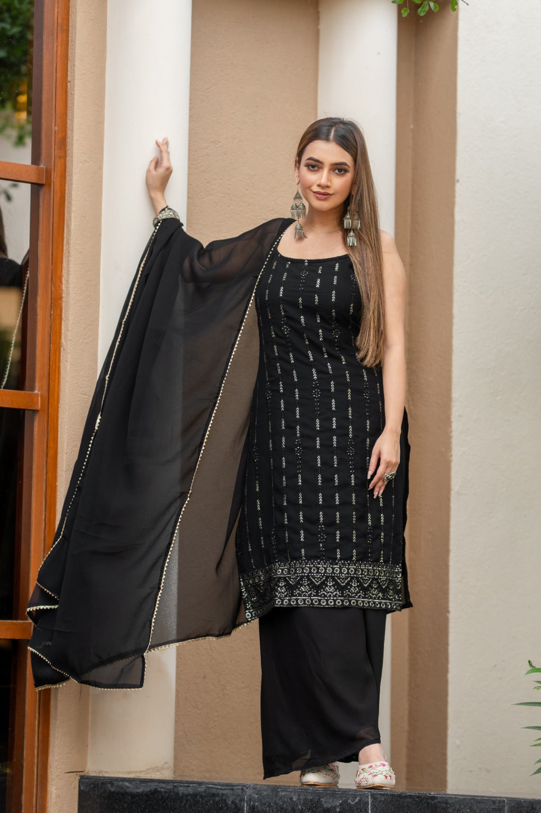 Black Gold Embroidered Sequined Kurta With Palazzos & Dupatta Set