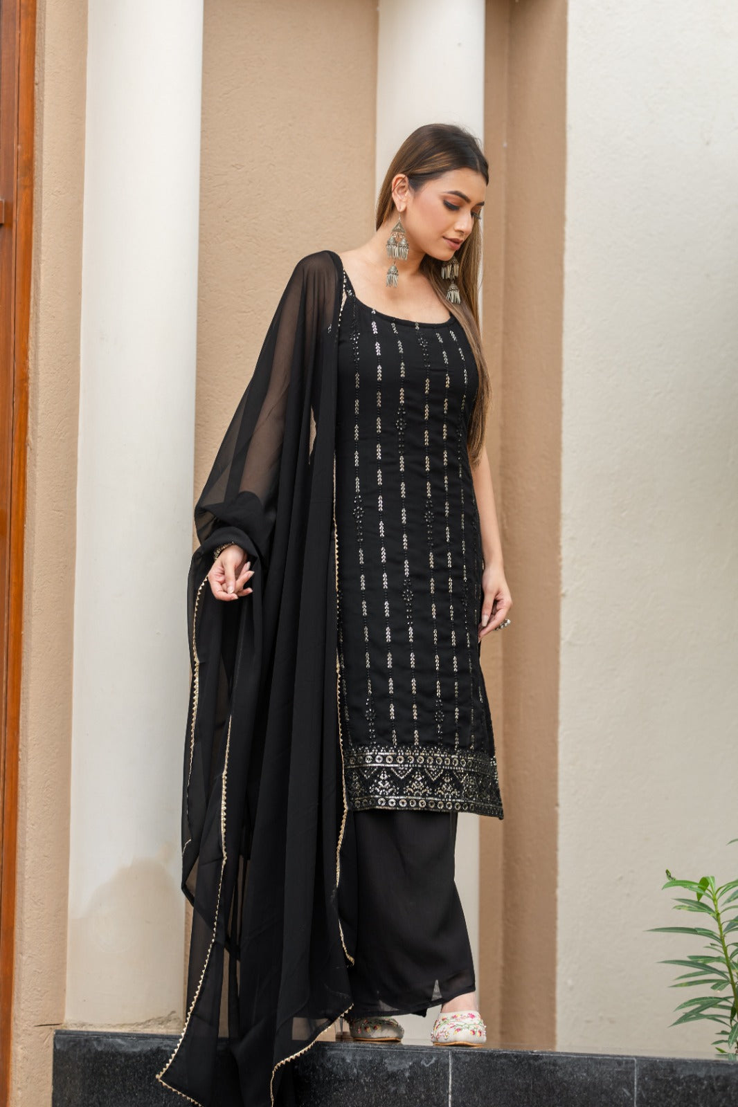 Black Gold Embroidered Sequined Kurta With Palazzos & Dupatta Set