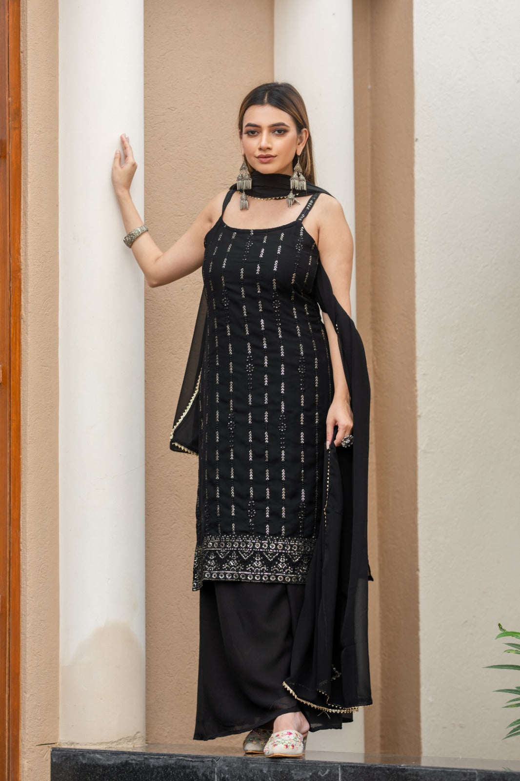 Black Gold Embroidered Sequined Kurta With Palazzos & Dupatta Set