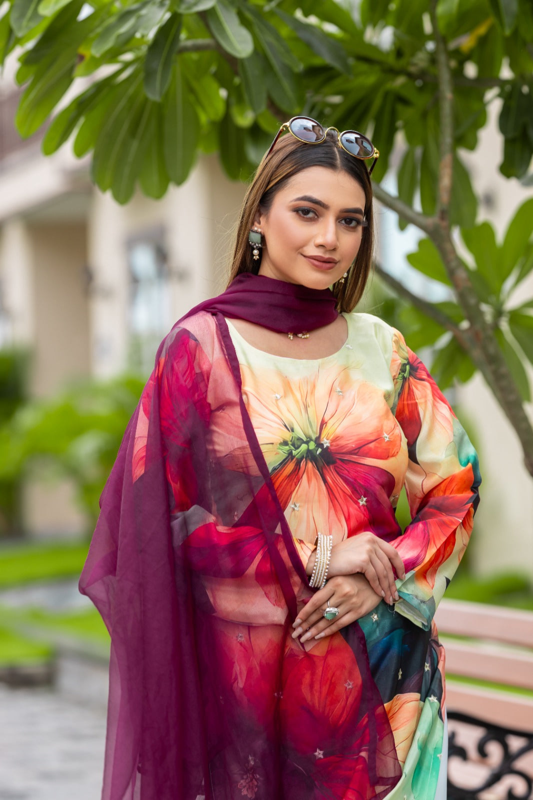 Women Floral Printed Empire Thread Work Kurta with Chudidar & With Dupatta