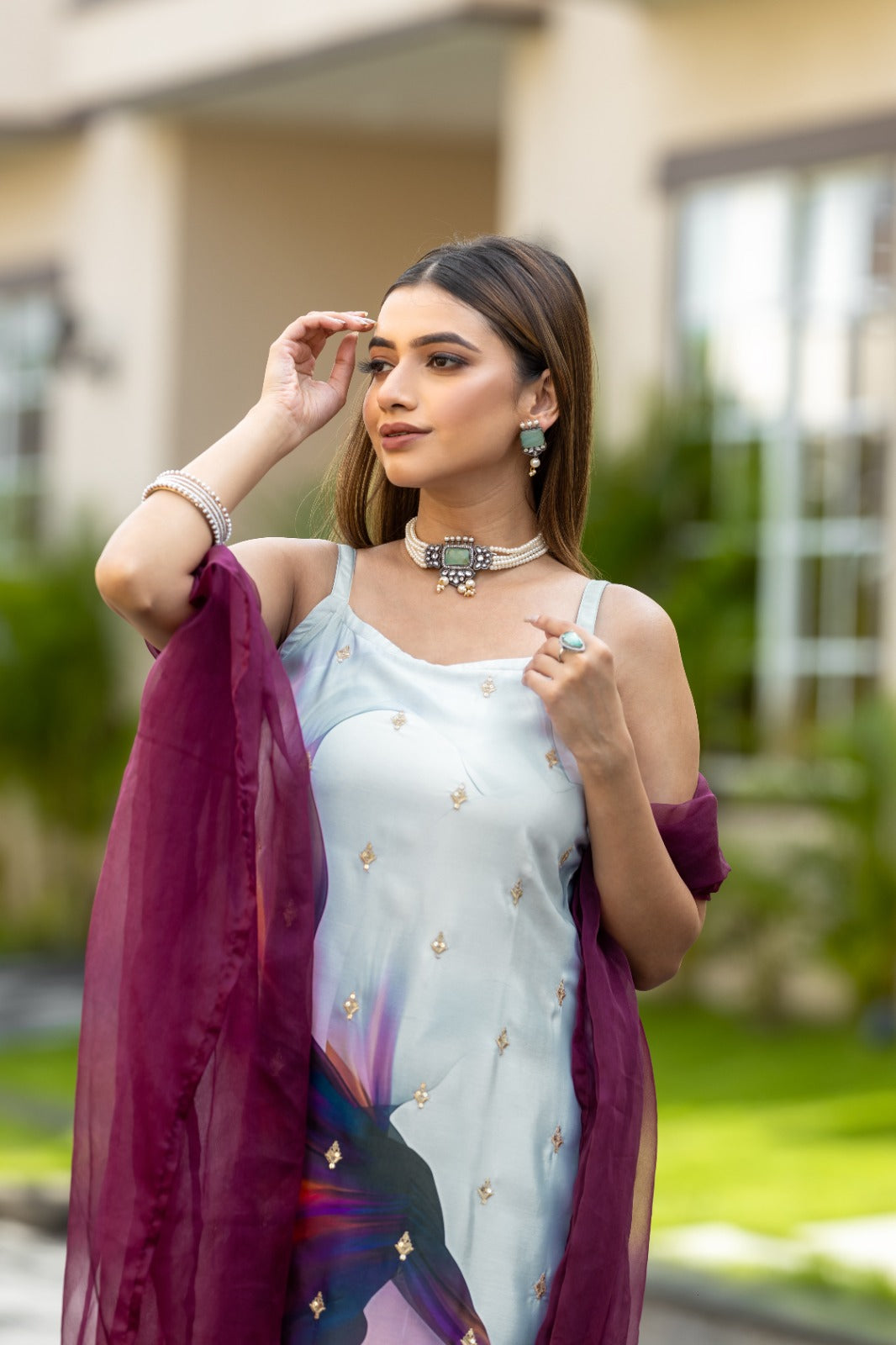 Multi Color Sequined Embroidered Work Kurta With Chudidar & Dupatta