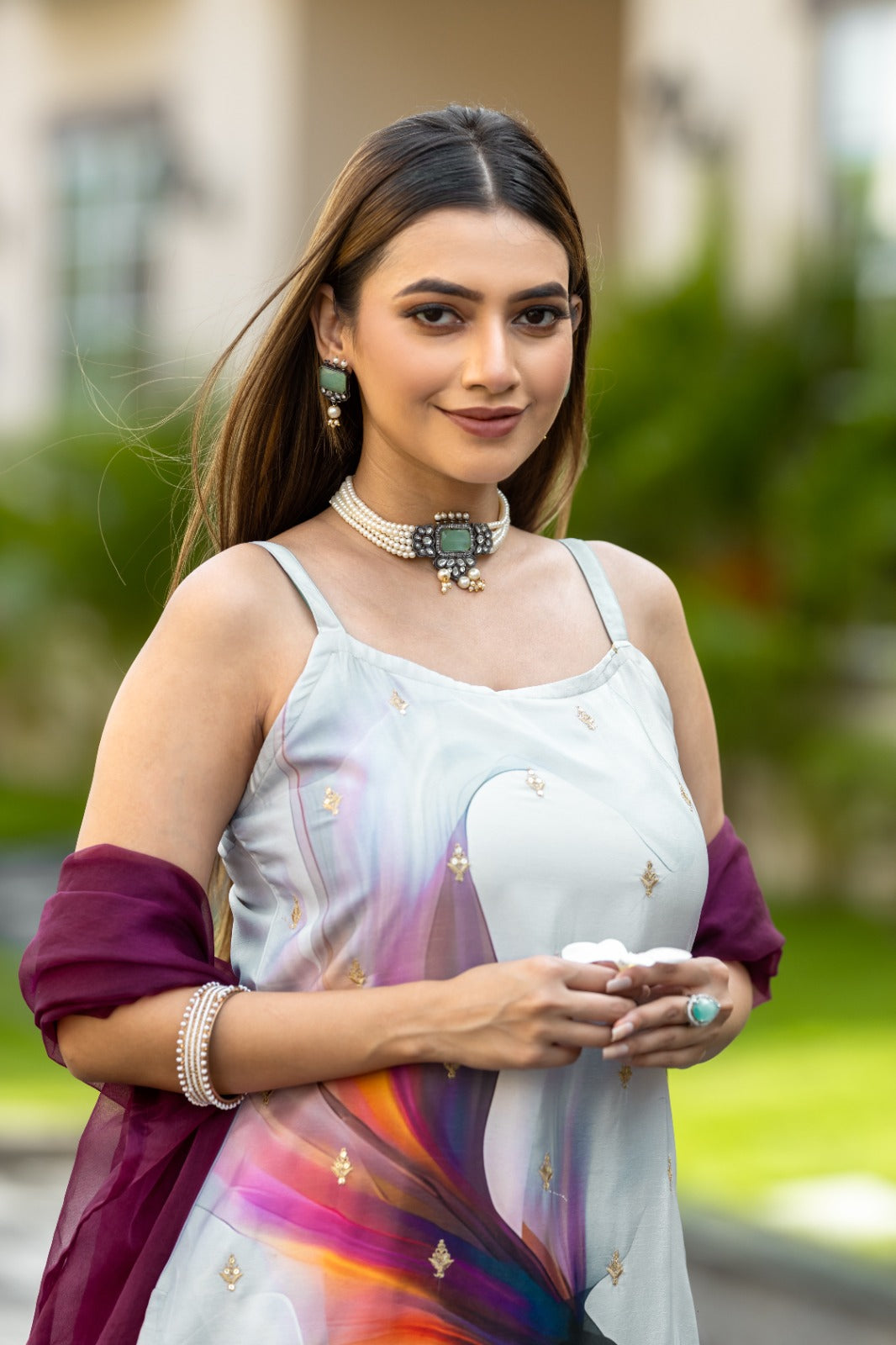 Multi Color Sequined Embroidered Work Kurta With Chudidar & Dupatta
