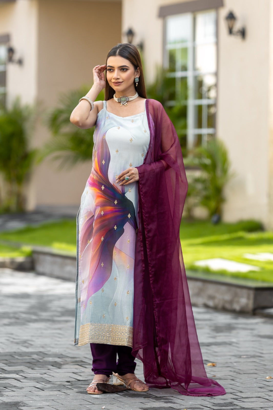 Multi Color Sequined Embroidered Work Kurta With Chudidar & Dupatta