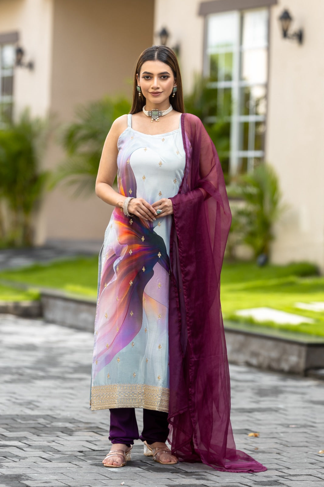Multi Color Sequined Embroidered Work Kurta With Chudidar & Dupatta