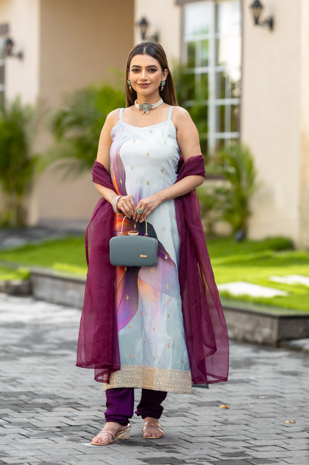Multi Color Sequined Embroidered Work Kurta With Chudidar & Dupatta