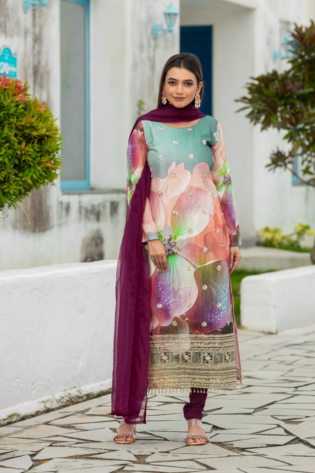 Multi Color Embroidered Work Kurta With Chudidar & Dupatta