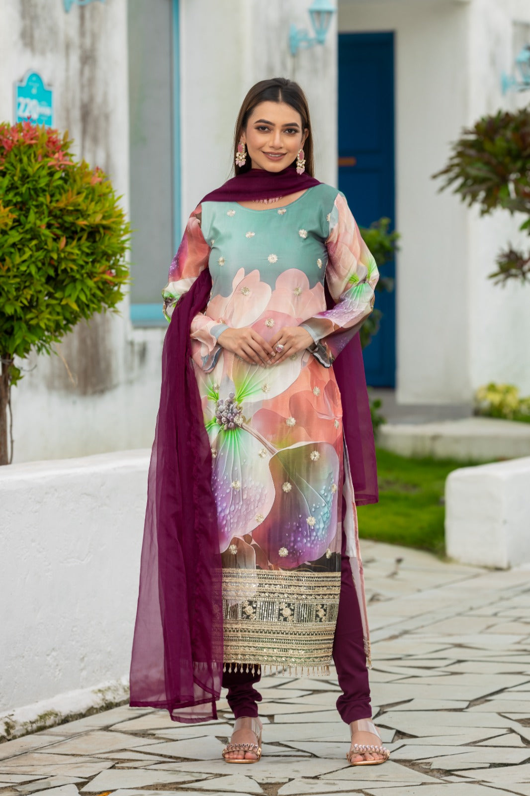 Multi Color Embroidered Work Kurta With Chudidar & Dupatta