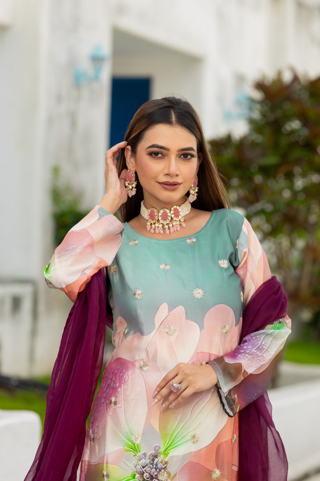 Multi Color Embroidered Work Kurta With Chudidar & Dupatta