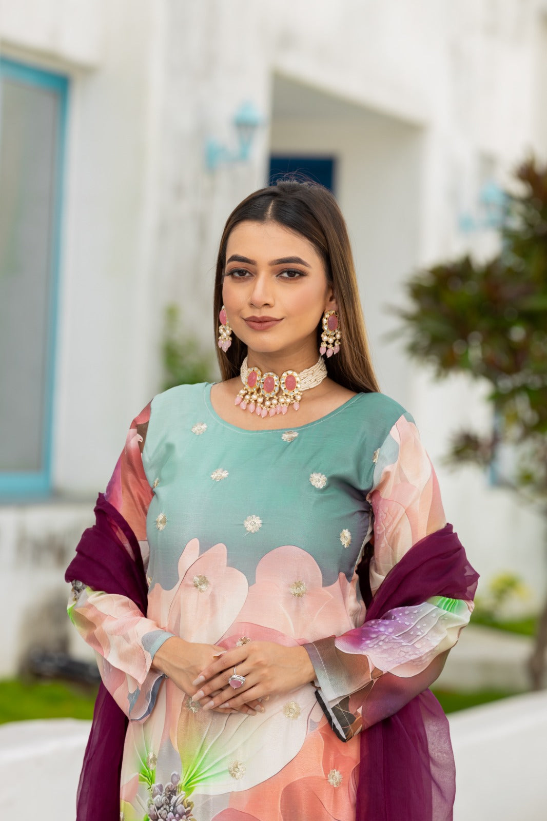 Multi Color Embroidered Work Kurta With Chudidar & Dupatta