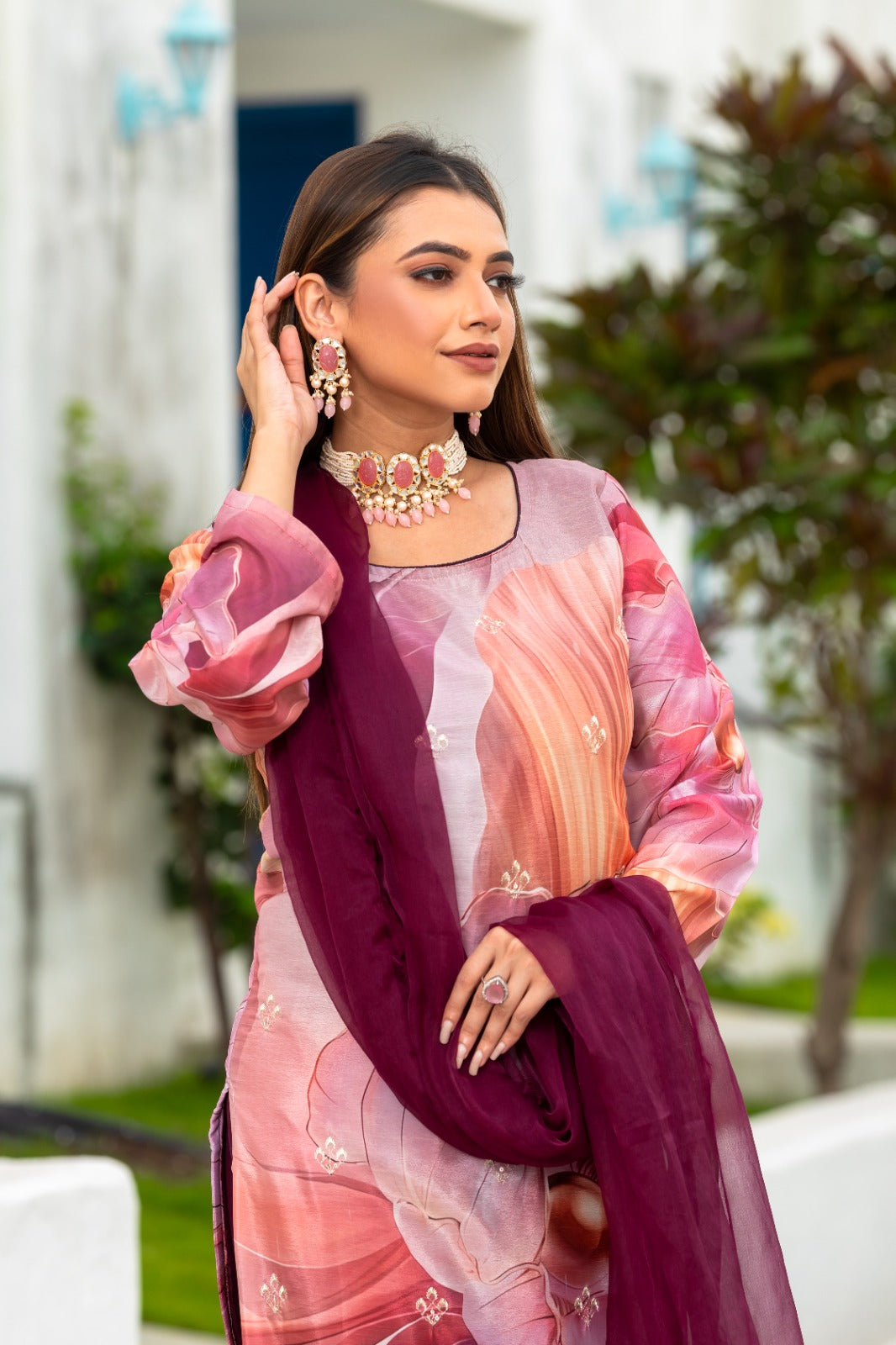 Multi Color Embroidered Work Kurta With Chudidar & Dupatta