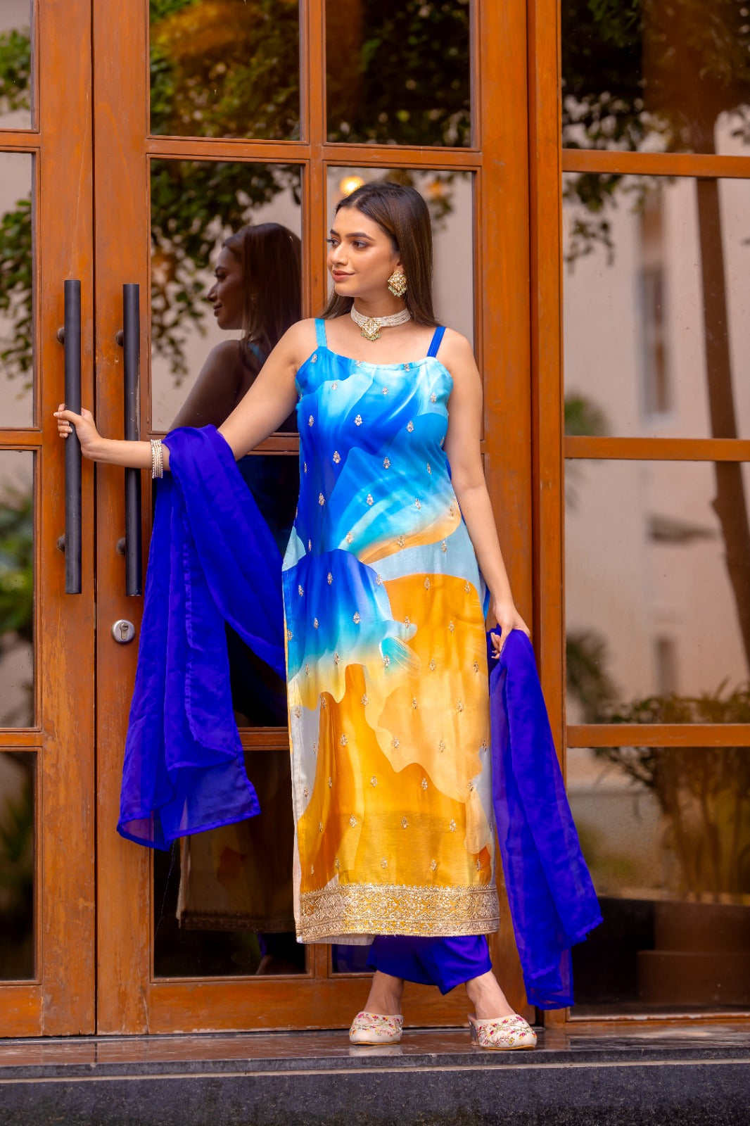 Royal Blue Color Embroidered Work Kurta With Trousers & Dupatta