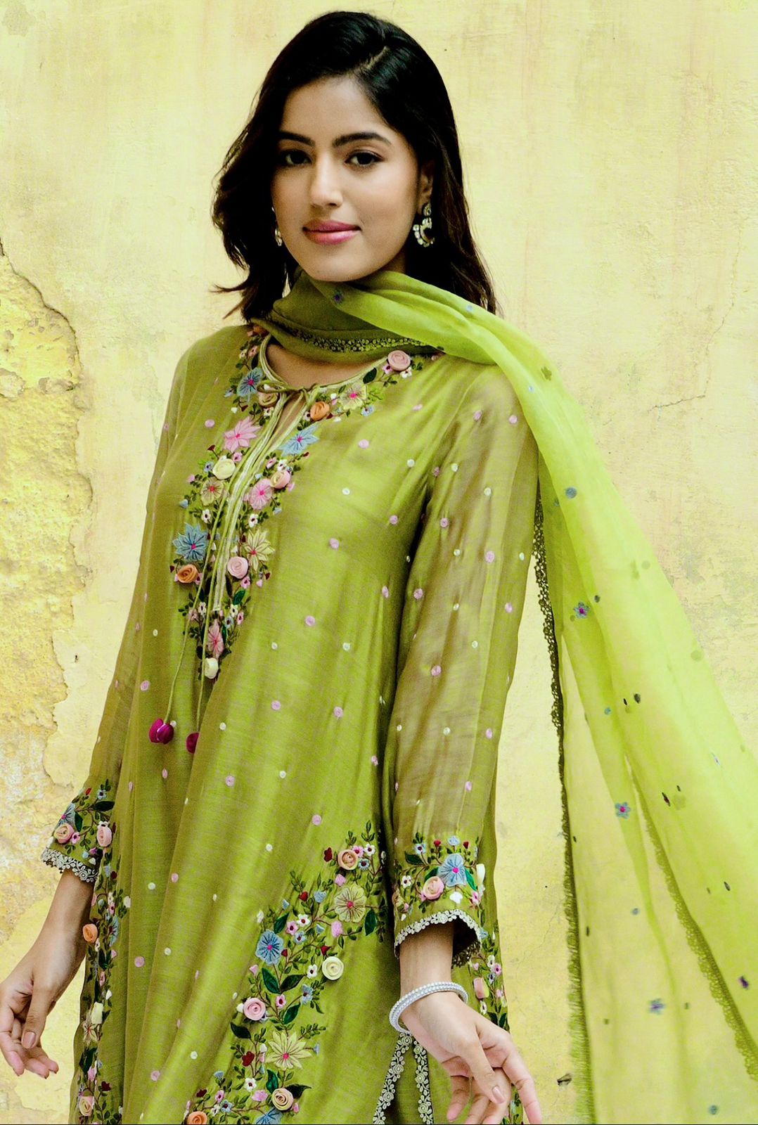 Olive Green Orchid Heavy Long Kurta
