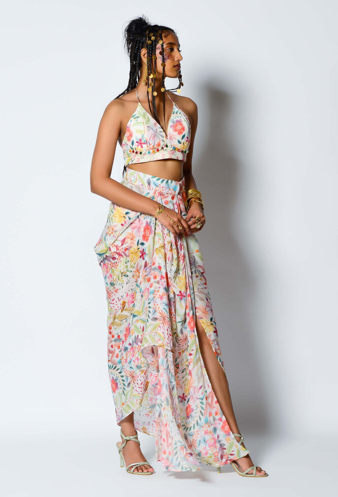 White Dupion Dhoti Set With Cape