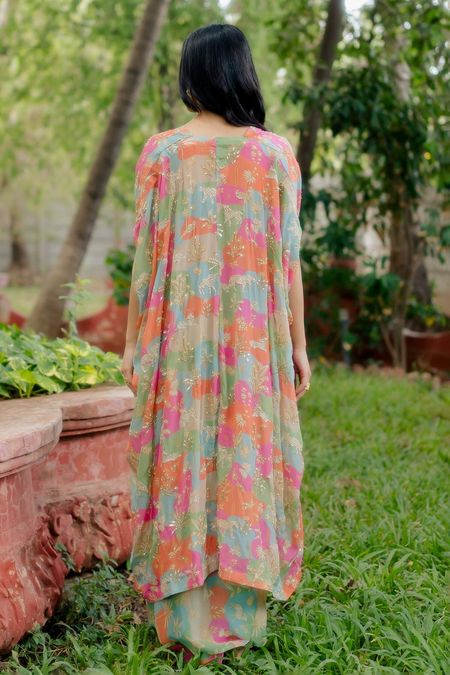 Multi Color Jacket And Crop Top Pure Crepe & Skirt Georgette & Draped Set