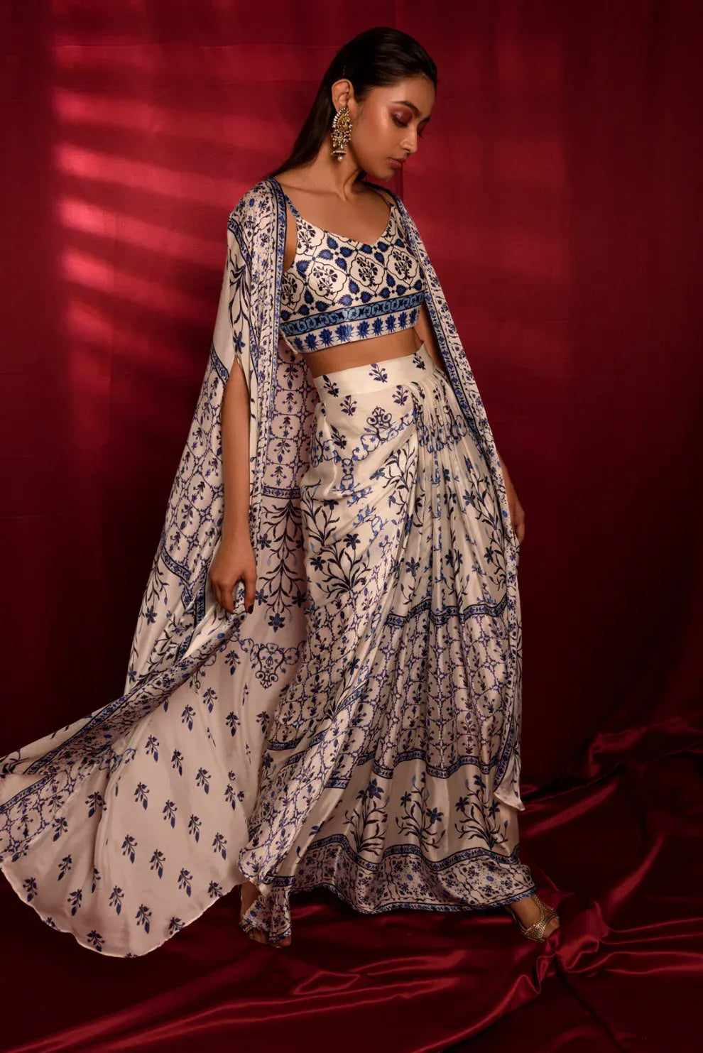 Beautiful  Satin Georgette Moroccan Print Dhoti Skirt Set